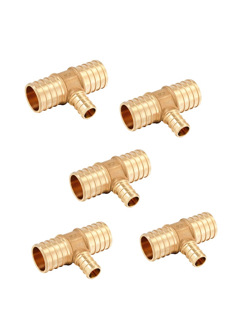 EFIELD (Pack of 5) EFIELD 1" x1"x 1/2" Pex Reducing Tee Brass Barb Crimp Fittings For Pex Tubing Connection,(PEX1807086) - Image 1